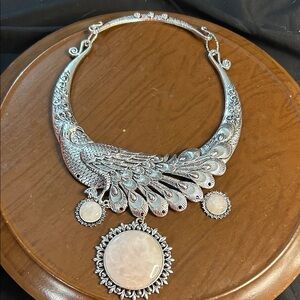 Elegant Silver and Pink Peacock Statement Necklace!